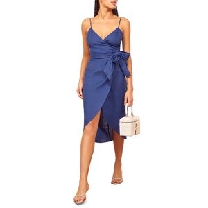 Reformation Court Linen Wrap Sundress Blue